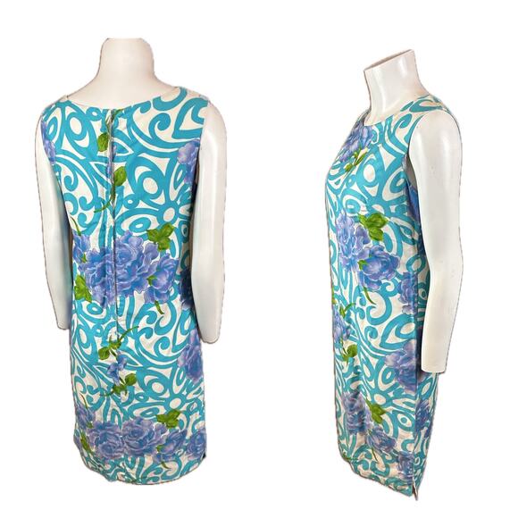 1960s Blue Swirl Floral Cotton Sleeveless Shift Dress Screen Printed / XS * - Picture 2 of 5